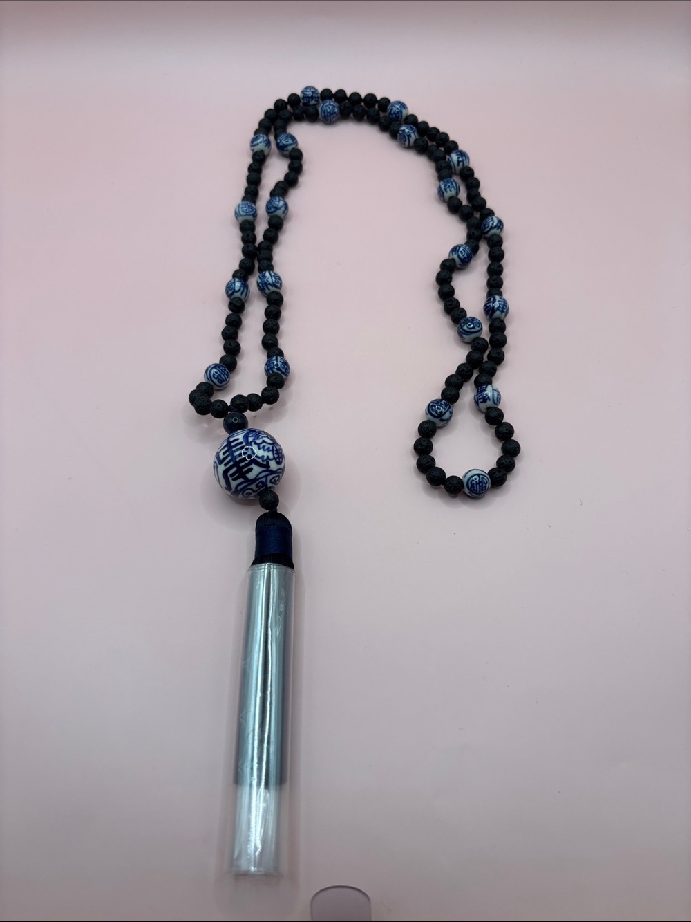 Asian Ceramic Blue White and Black Beaded Tassel Pendant Necklace
